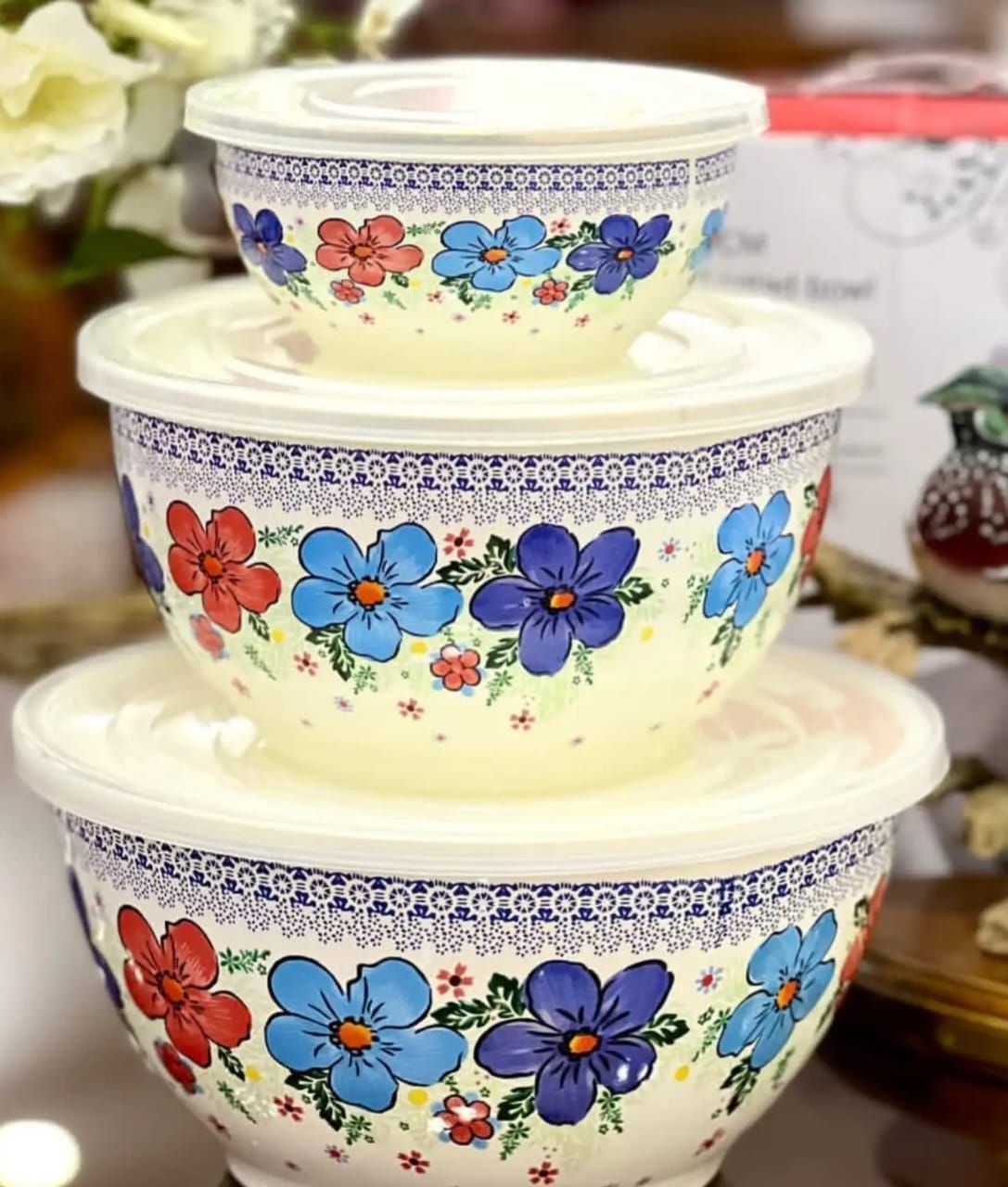 کاسه 3 عددی لعابی طرح گل وارداتی